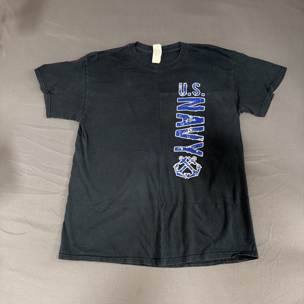 U.S. Navy graphic t-shirt featuring vertical blue lettering